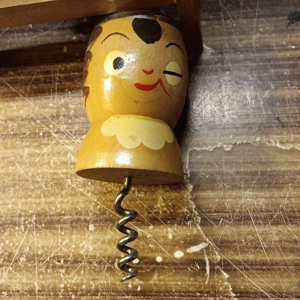 Vintage mcm Japan wooden salt pepper beer bottle opener wine corkscrew barware